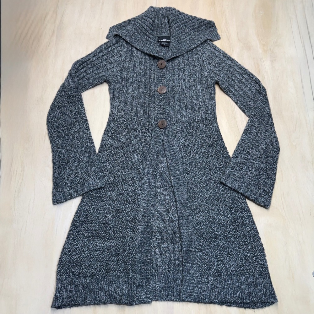 It's Our Time Long Chunky Knit Cardigan Sweater Coat Women's M Gray Button Front